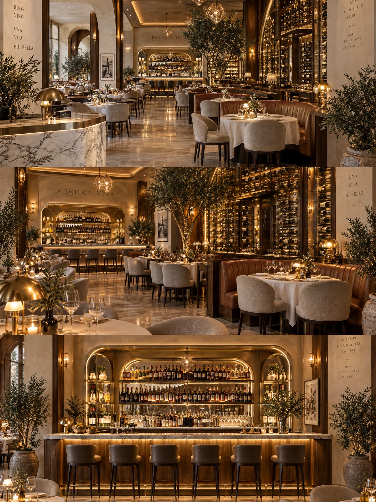Three views of luxury Italian restaurant interior design with marble, timber, wine displays, bar and elegant dining seating