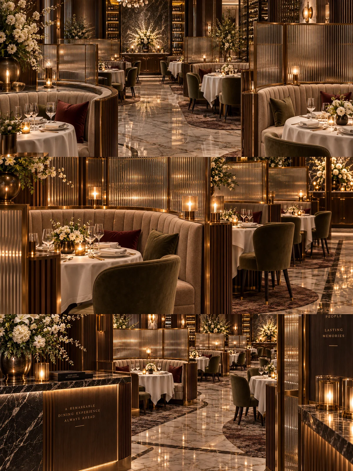 Three views of modern restaurant interior design with booth seating, warm lighting, marble flooring and custom partitions