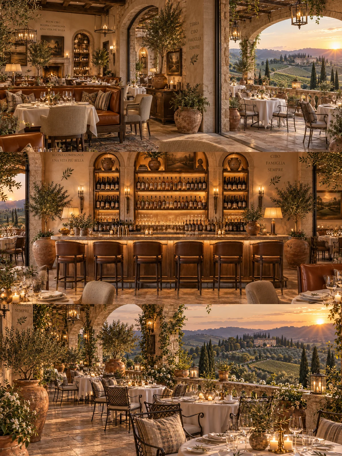 Three views of Tuscan restaurant interior design with natural stone, timber, terrace dining and warm ambient lighting