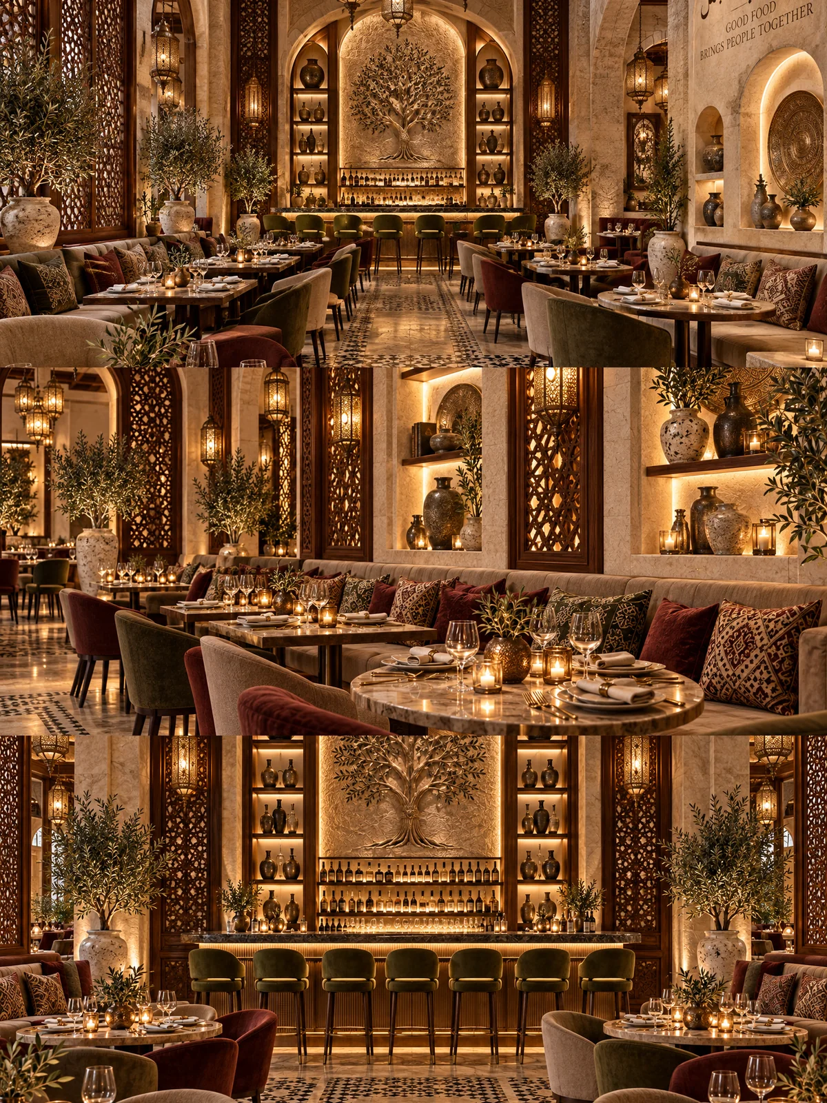 Three views of Lebanese restaurant interior design with carved wood screens, lantern lighting, bar and refined dining seating