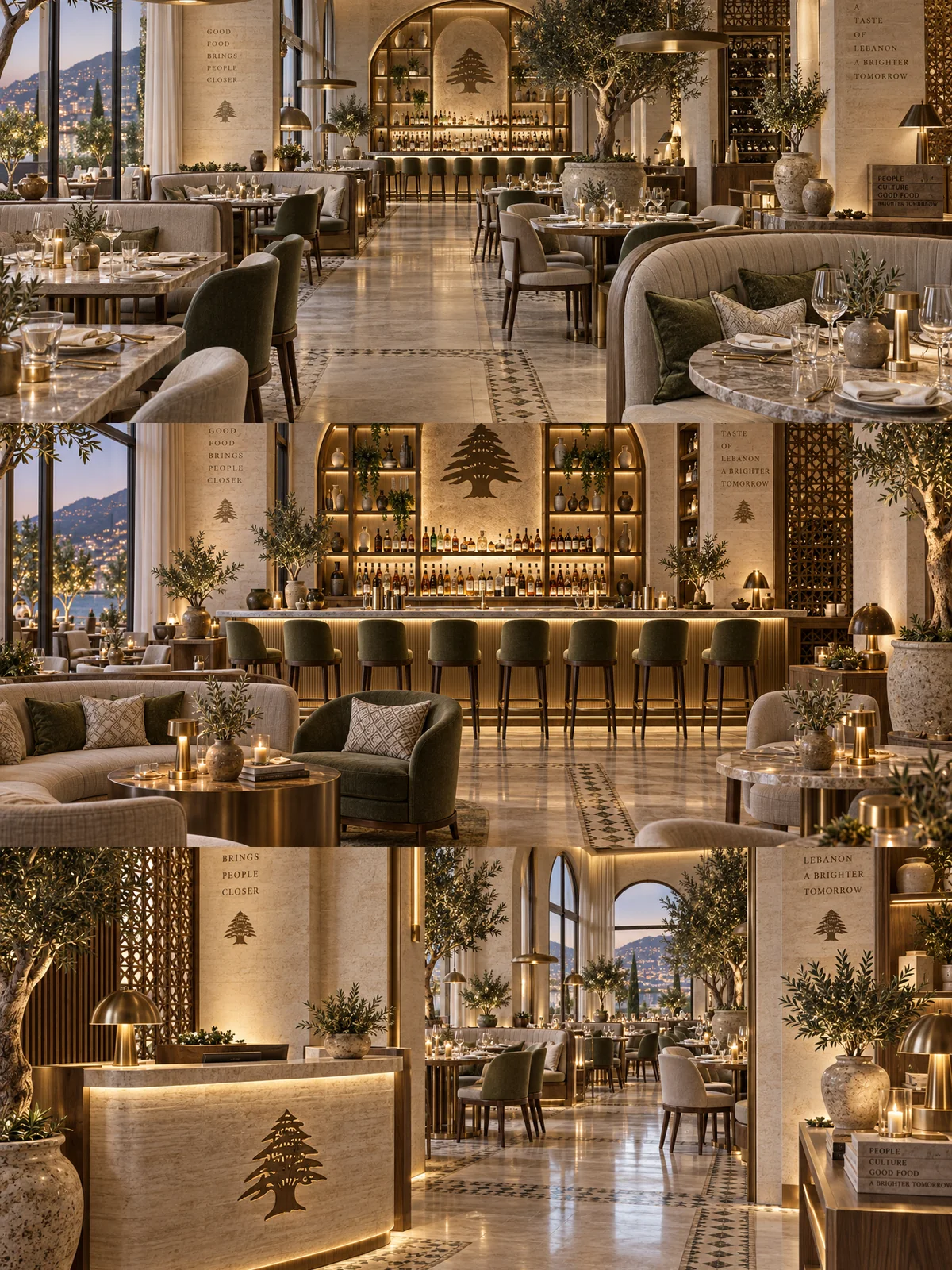 Three views of luxury Lebanese restaurant interior design with limestone walls, brass details, bar and elegant restaurant seating